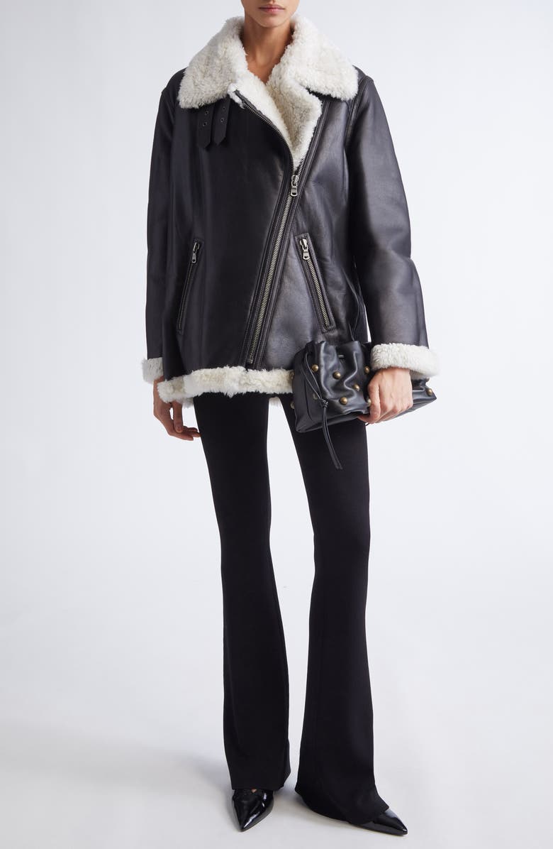 Altuzarra Shaeffer Leather & Genuine Shearling Aviator Jacket, Alternate, color, Black