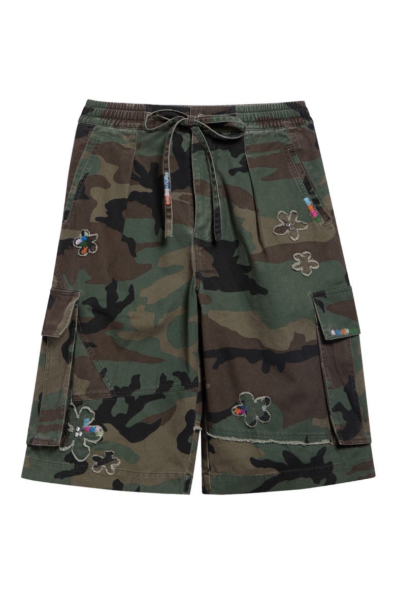 Crystal Embellished Floral Patch Camouflage Print Cotton Twill Shorts, Main, color, CAMO TWILL