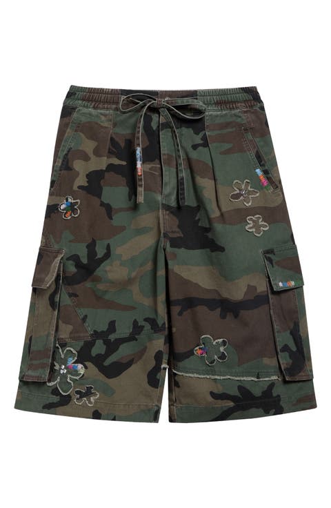 Crystal Embellished Floral Patch Camouflage Print Cotton Twill Shorts
