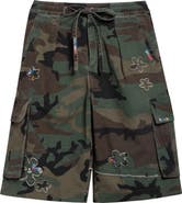 NAHMIAS Crystal Embellished Floral Patch Camouflage Print Cotton Twill Shorts