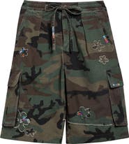 NAHMIAS Crystal Embellished Floral Patch Camouflage Print Cotton Twill Shorts
