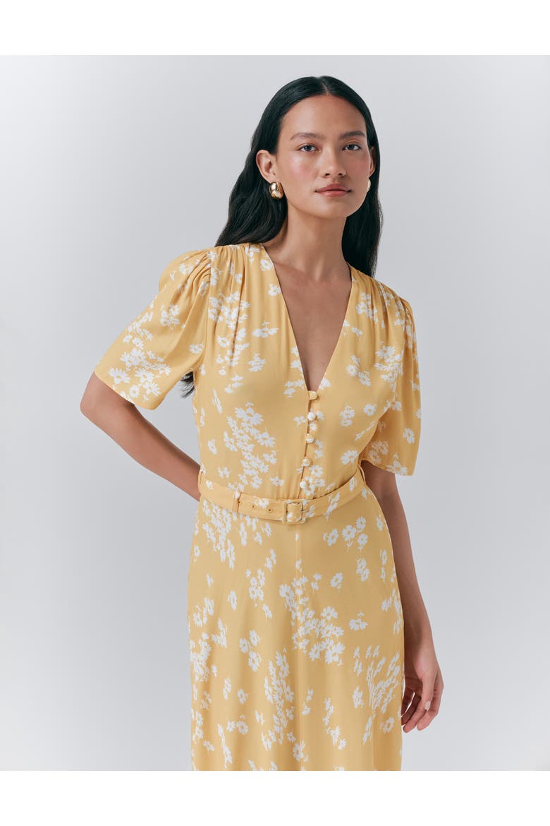 Jemima Crepe Floral Belted Midi Dress, Alternate, color, Yellow Daisy Ray
