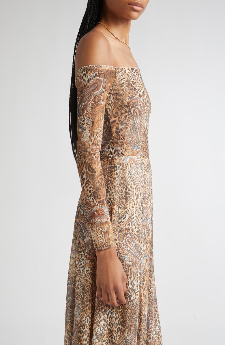 L'AGENCE Peonie Off the Shoulder Bodysuit, Alternate, color, Brown/ Blue Valencia Leopard