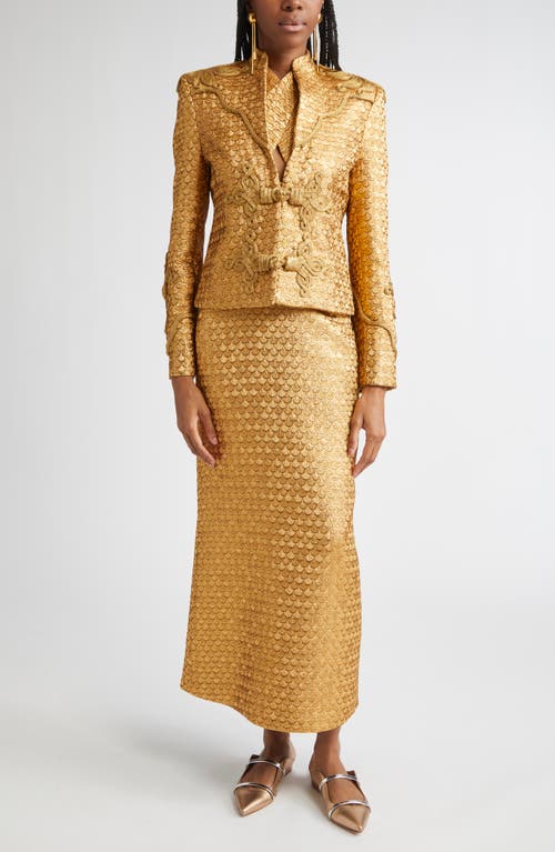 Johanna Ortiz Jacquard Elegant Expedition Midi Dress Gold In Gold