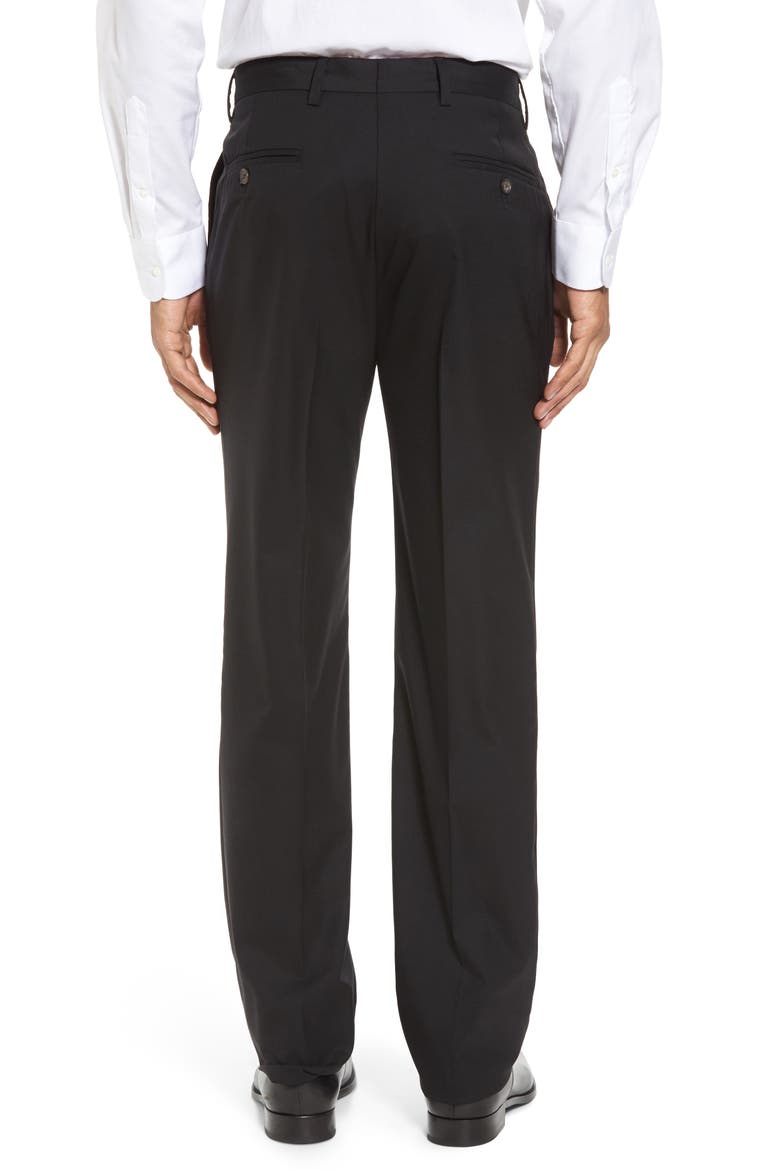 Flat Front Stretch Solid Wool Trousers, Alternate, color, BLACK