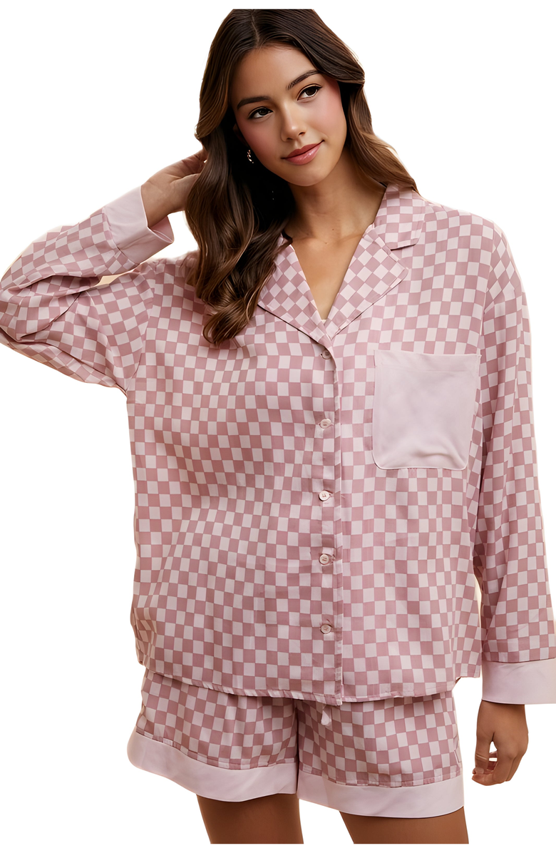 Knit and Lounge Checkerboard Satin Button-Up Shirt and Shorts Pajama Set, Alternate, color, Pink Checkerboard