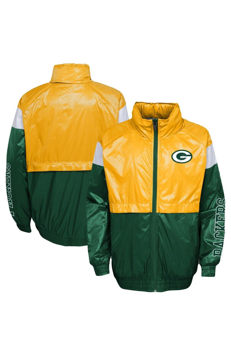Outerstuff Youth Gold/Green Green Bay Packers Goal Line Stance Full-Zip Hoodie Windbreaker, Main, color, Gold