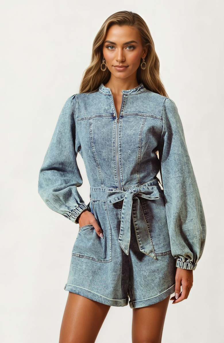 Knit and Lounge Long Sleeve Belted Front Zip Denim Romper, Main, color, 