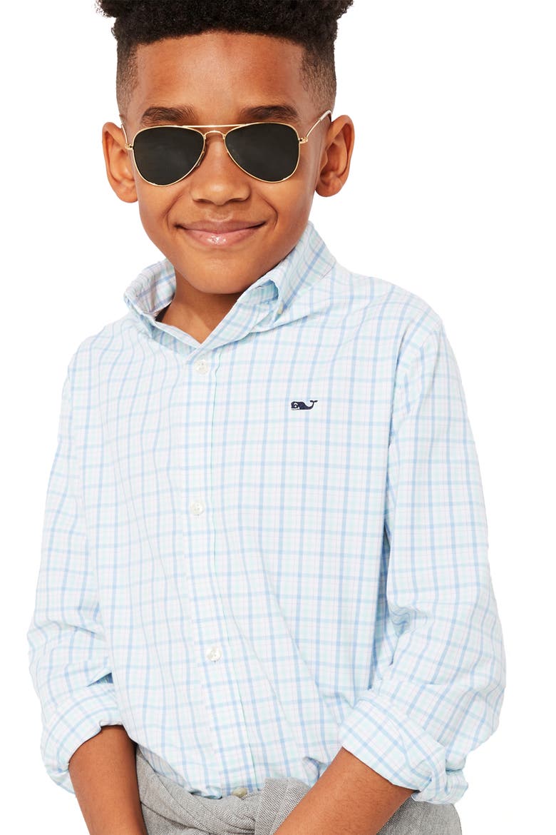 Kids' Plaid Performance Button-Down Shirt, Main, color, CRYSTAL BLUE