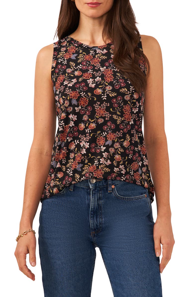 Vince Camuto Floral Print Tank, Main, color, Rich Black