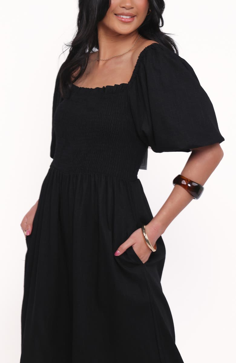 Petal & Pup Ebony Smocked Puff Sleeve Wide Leg Jumpsuit, Alternate, color, Black