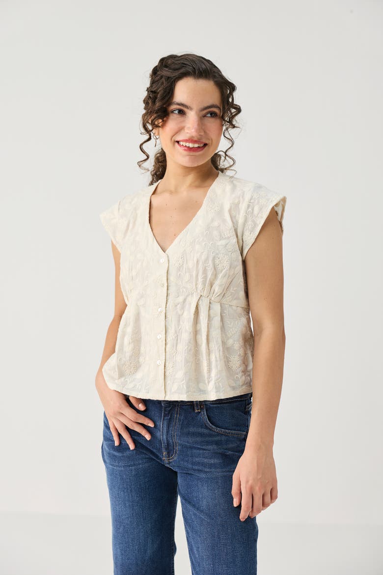 Embroidered Deep V-Neck Cotton Top, Alternate, color, Embroidered  Cotton White