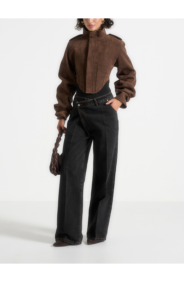 Manière De Voir Solange Suede Tacked Sleeve Corset Jacket, Alternate, color, Brown