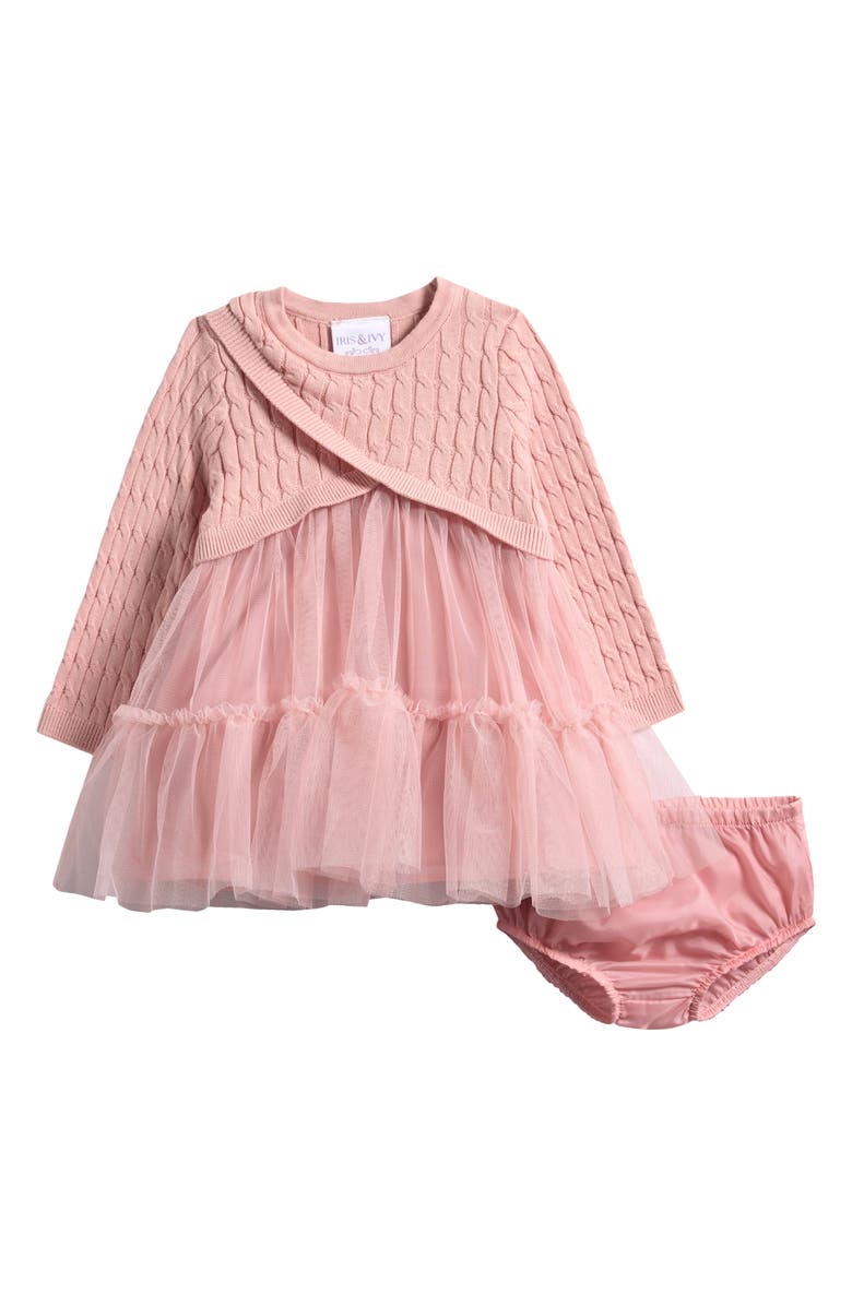 Iris & Ivy Long Sleeve Cable Stitch Crossover Dress & Bloomers Set, Main, color, Pink