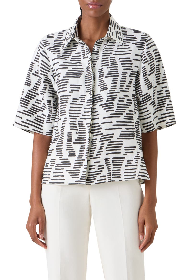 Dance Movements Print Linen Button-Up Shirt, Main, color, ECRU-BLACK
