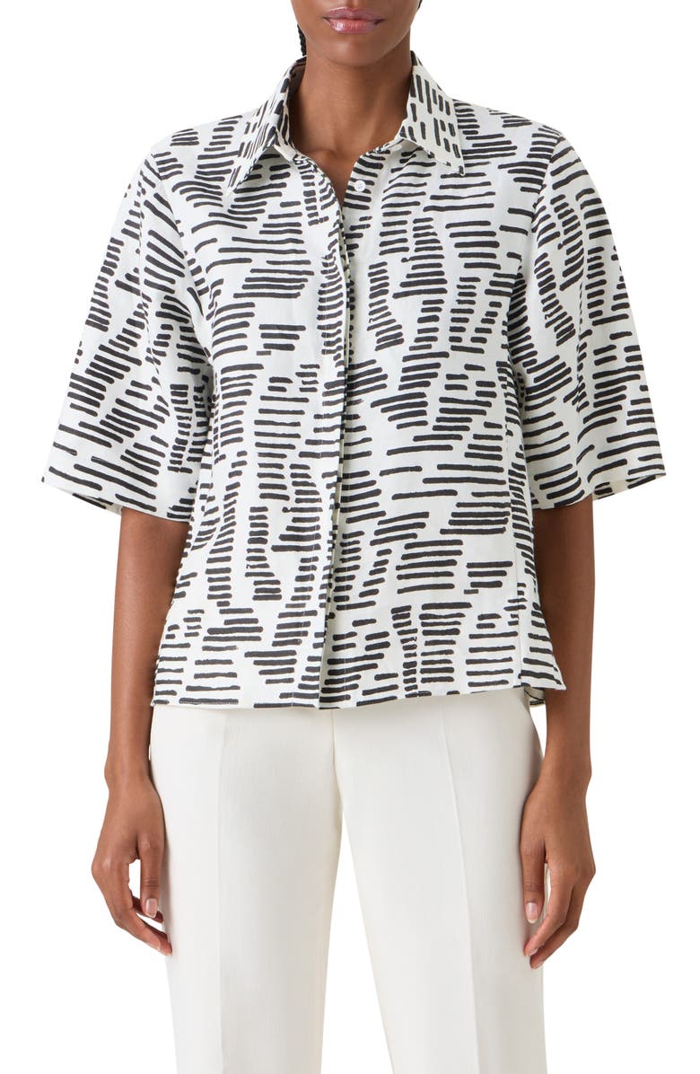 Akris Dance Movements Print Linen Button-Up Shirt, Main, color, Ecru-Black