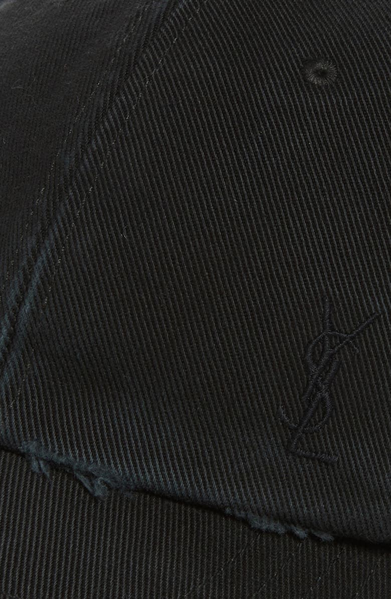 Saint Laurent Distressed Logo Embroidered Adjustable Denim Baseball Cap, Alternate, color, Black