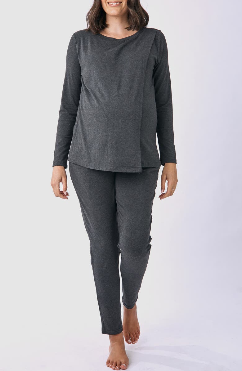 Angel Maternity Maternity/Nursing Top, Lounge Pants & Knotted Baby Gown Set, Alternate, color, Charcoal