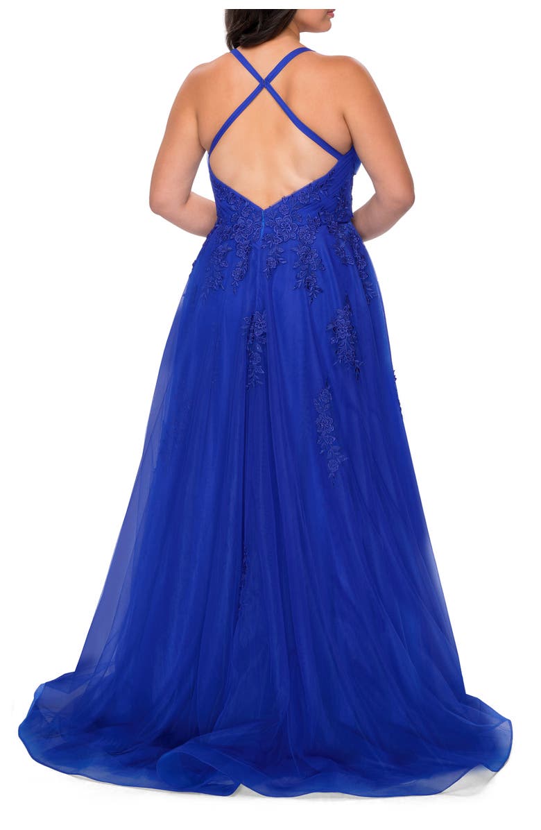 La Femme Plus Size A-line Tulle Dress with Floral Detailing, Alternate, color, Royal Blue