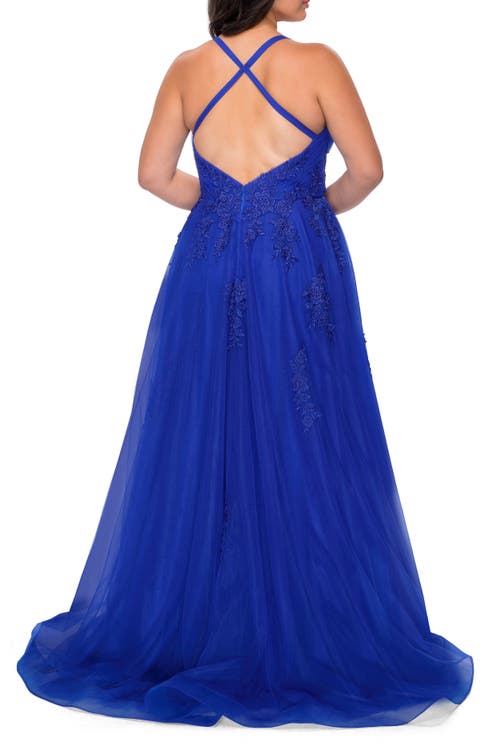 La Femme Plus Size A-line Tulle Dress With Floral Detailing In Royal Blue