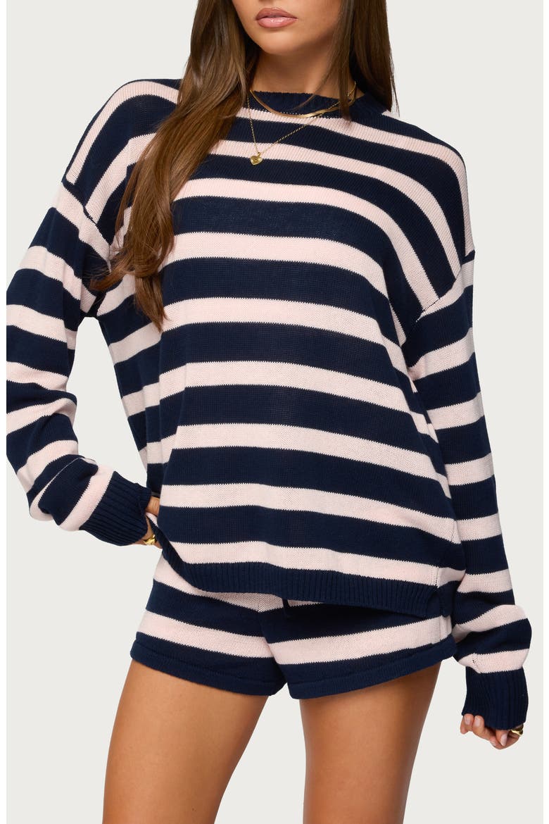Amaris Stripe Oversize Cotton Sweatshirt, Main, color, NAVY-AND-PINK
