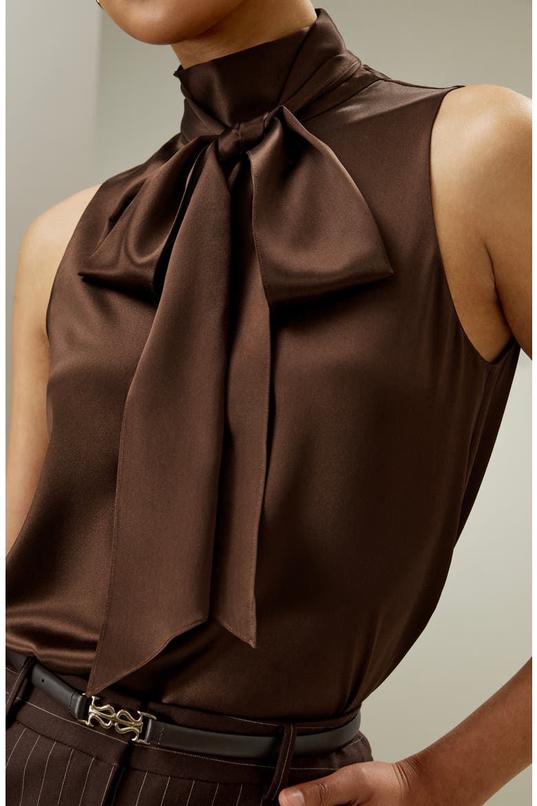 Women's Sleeveless Tie-Neck Silk Blouse, Alternate, color, Chocolate