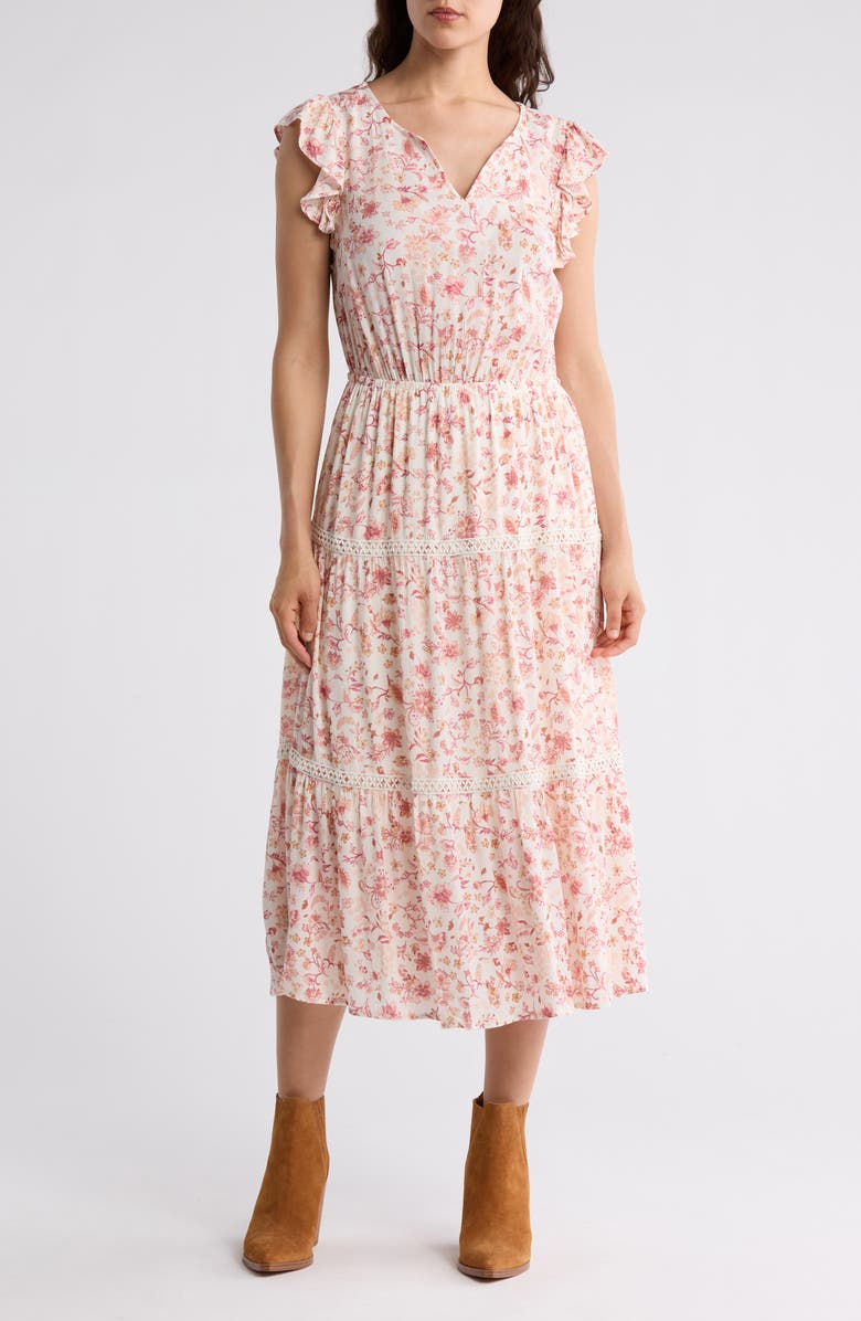 Lucky Brand Ruffle Cap Sleeve Tiered Midi Dress, Main, color,