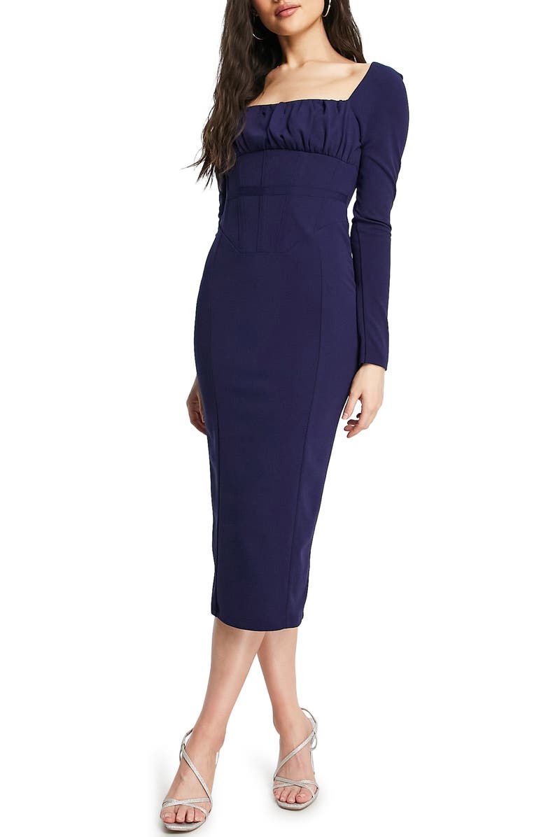 ASOS DESIGN Ruched Long Sleeve Corset Midi Dress, Main, color, 