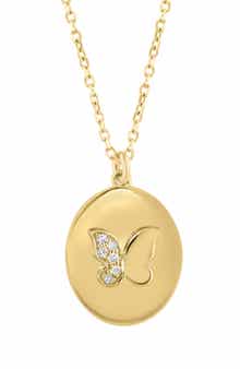 14K Gold Plated Sterling Silver Pavé Diamond Butterfly Oval Pendant Necklace