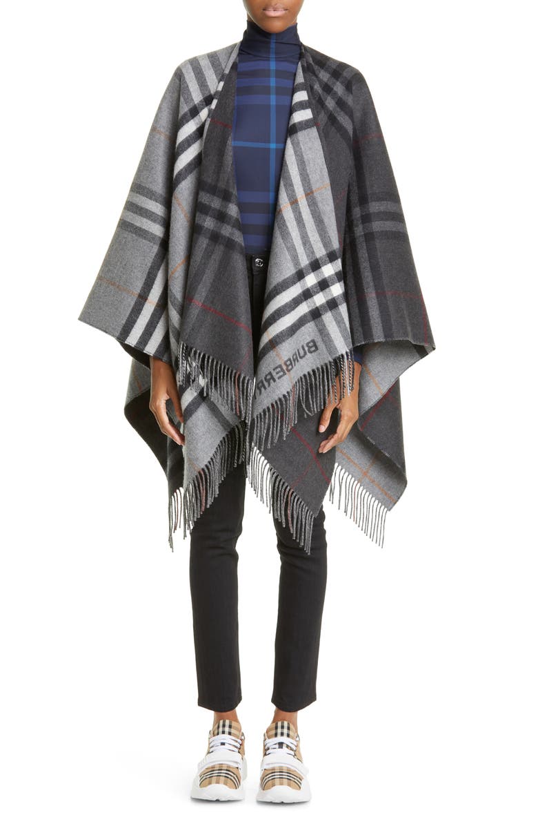 Burberry Split Check Fringe Trim Cashmere Cape, Alternate, color,