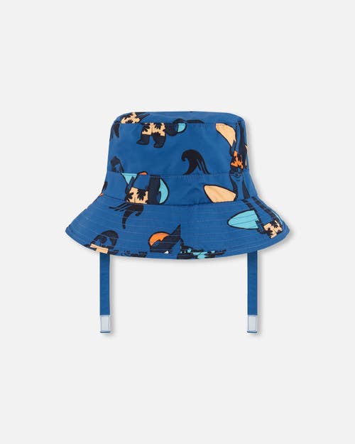 Deux Par Deux Little Boy's Printed Beach Hat Orange Sloths On Navy Blue In Orange Sloths On Navy Blue