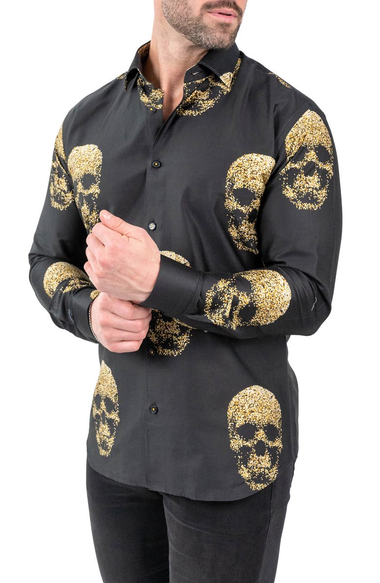 Maceoo Fibonacci Goldenskull Black Contemporary Fit Button-Up Shirt, Alternate, color, Black