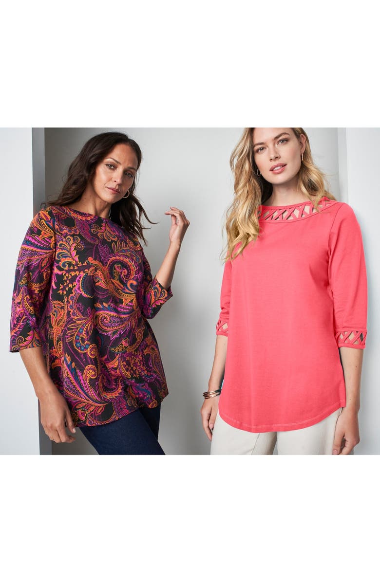 Jessica London Stretch Cotton Lattice Boatneck Tunic, Alternate, color, Black