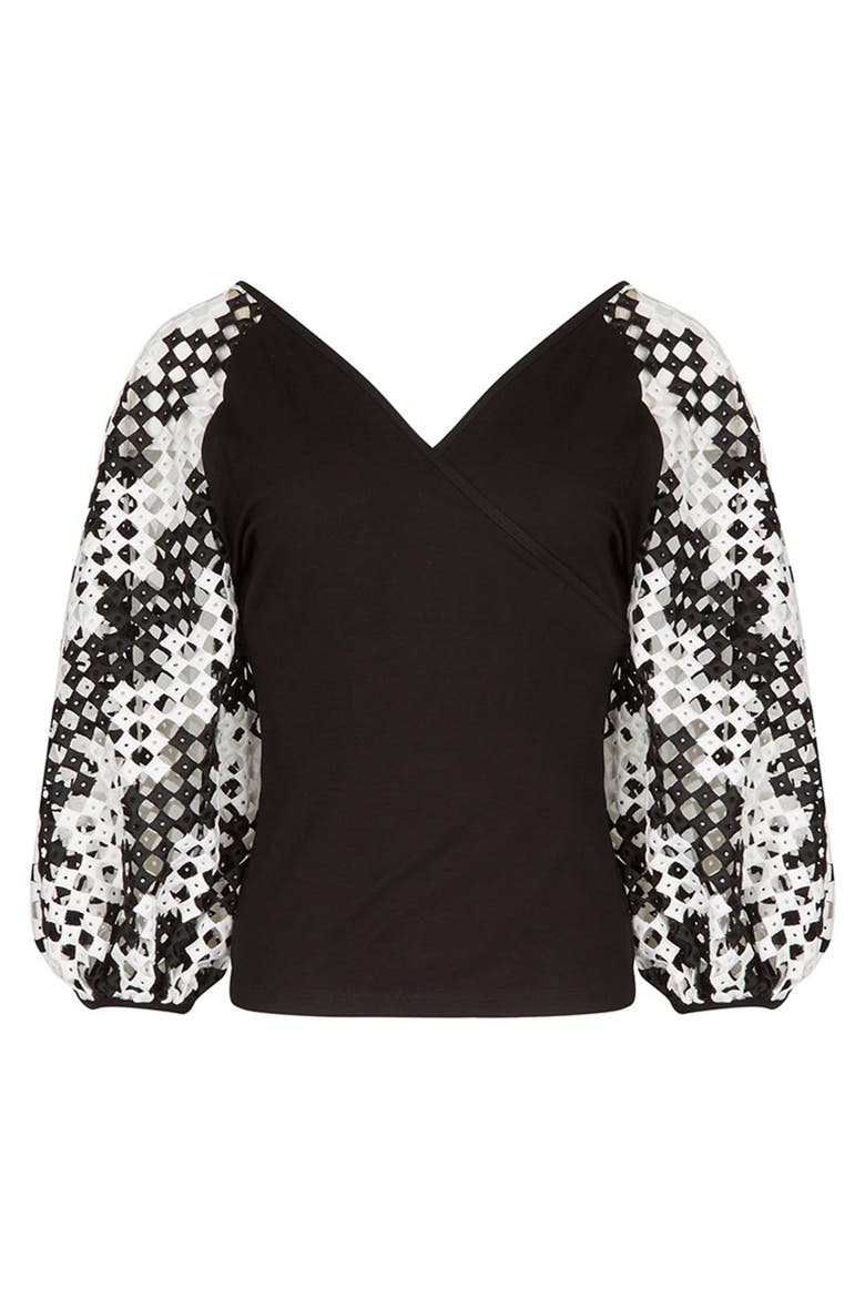 Women's  Mirella Black V-Neck Top With Sheer Mesh Sleeves, Main, color, Black