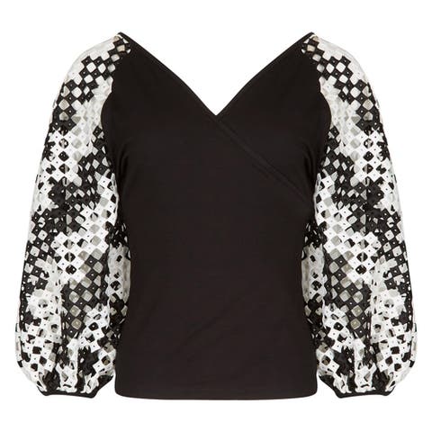 Women's  Mirella Black V-Neck Top With Sheer Mesh Sleeves