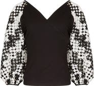 Anne Fontaine Women's  Mirella Black V-Neck Top With Sheer Mesh Sleeves