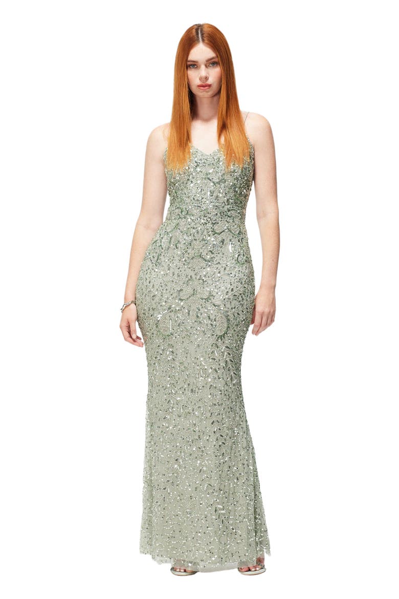 Occasion Embellished Sequin Beaded V Neck Evening Dress, Main, color, SAGE GREEN