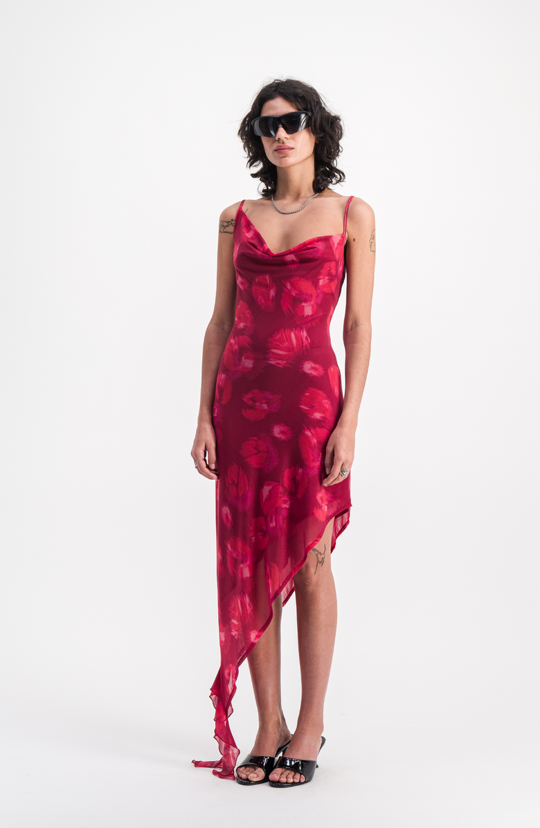 SAEMDI Waterfall Mesh Dress, Alternate, color, Lipstick Print