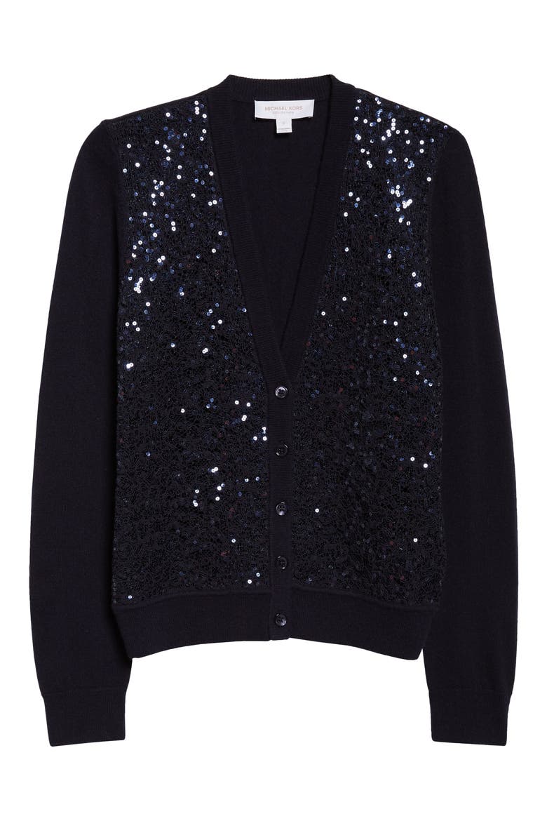 Sequin Embellished Floral Lace & Cashmere Cardigan, Alternate, color, MIDNIGHT