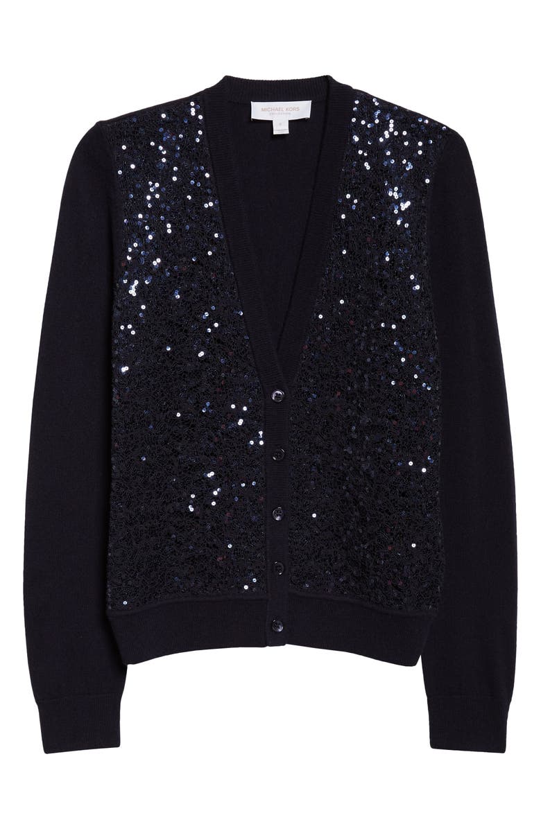 Michael Kors Collection Sequin Embellished Floral Lace & Cashmere Cardigan, Alternate, color, Midnight