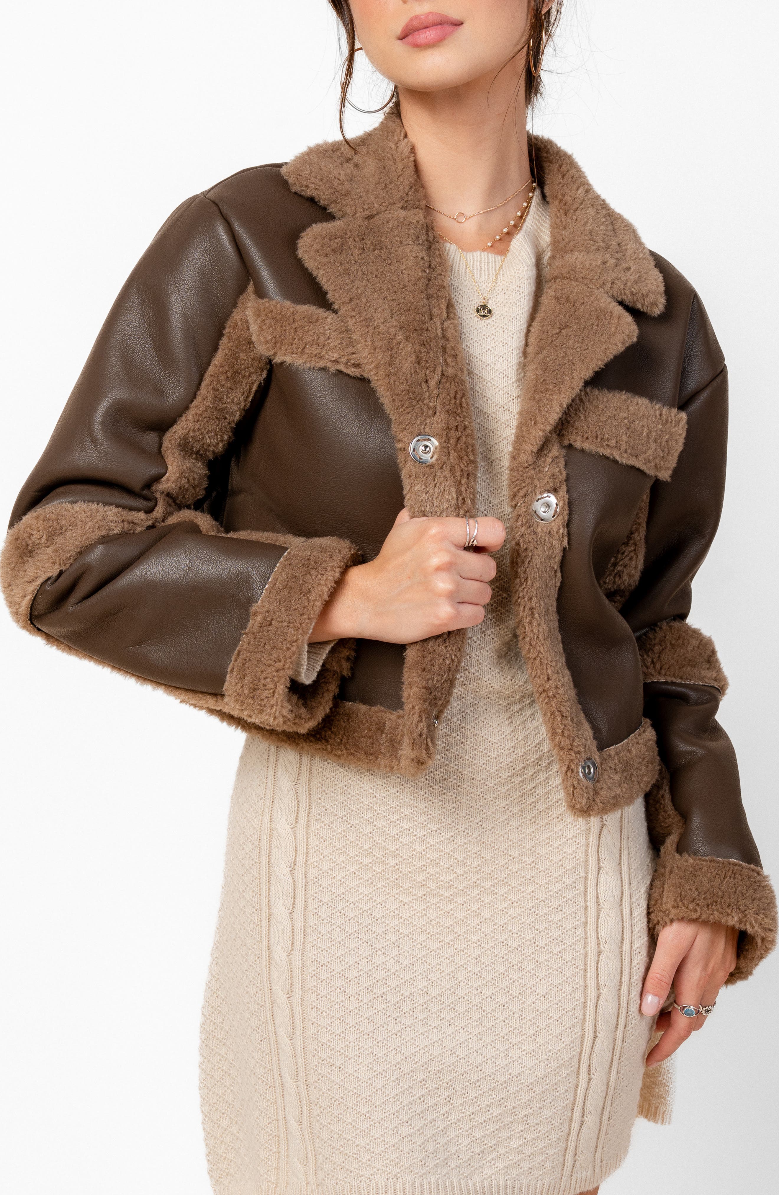 Beivy Faux Fur Trim Faux Leather Jacket