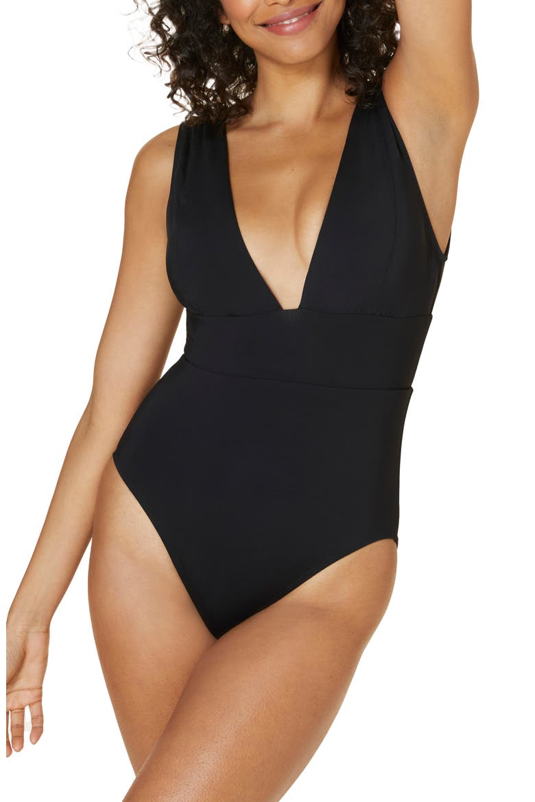 Mykonos Long Torso One-Piece Swimsuit, Main, color, BLACK