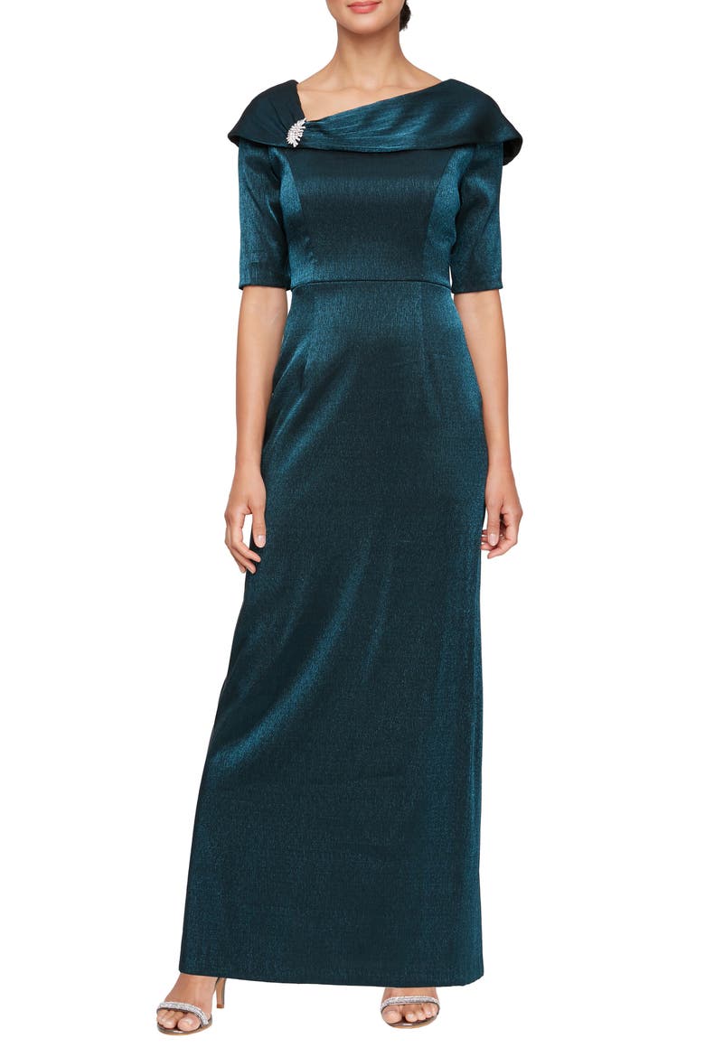 Foldover Column Gown, Main, color, BLACK/ TEAL