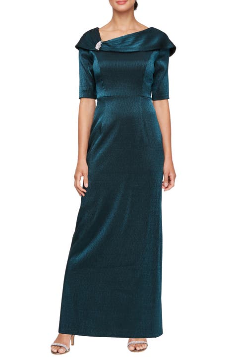 Long Shimmer Column Dress with Foldover Cuff L-Neckline and Elbow Sleeves