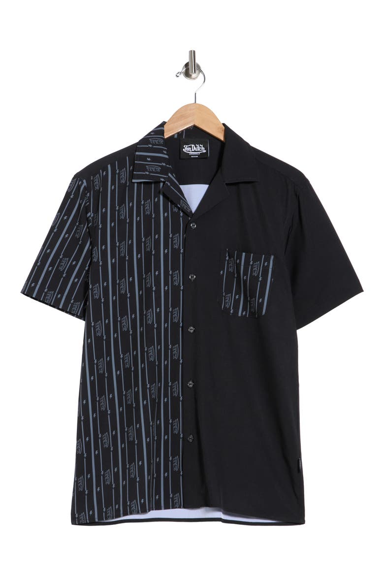 Logo Print Short Sleeve Button-Up Camp Shirt, Alternate, color, BLACK GREY