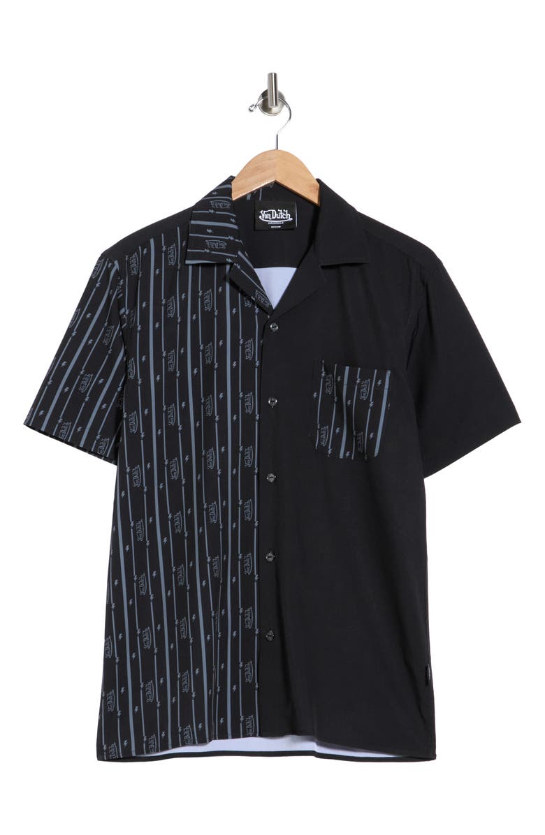 Von Dutch Logo Print Short Sleeve Button-Up Camp Shirt, Alternate, color, Black Grey