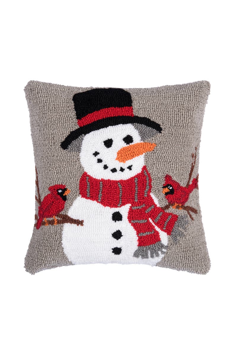 C&F Home Snowman & Cardinals Hooked Throw Pillow, 16" x 16", Main, color, Gray