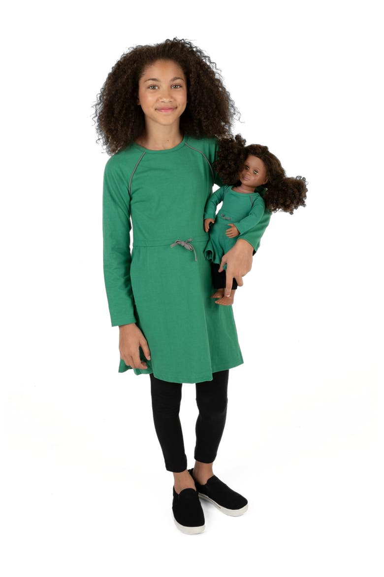 Girls Bow Tie Dress with Matching Doll Dress, Alternate, color, GREEN