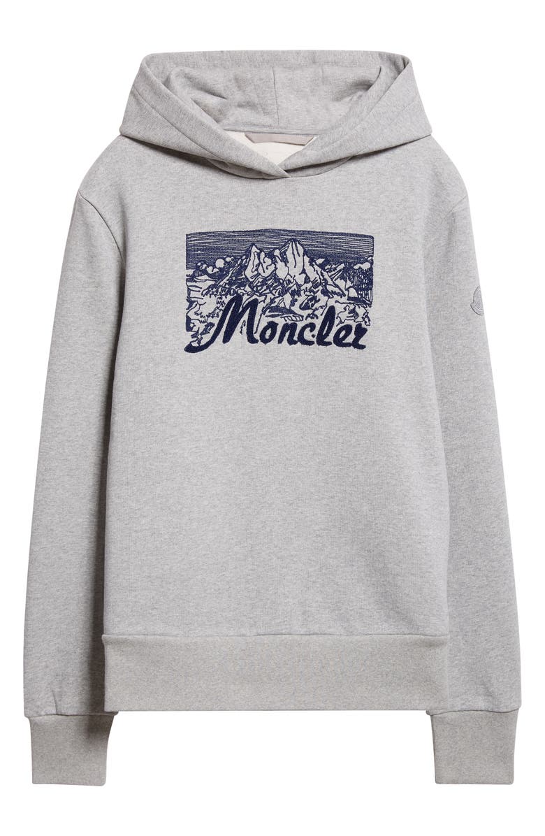 Moncler Embroidered Mountain Logo Cotton Hoodie, Alternate, color, Extra Light Gray Melange