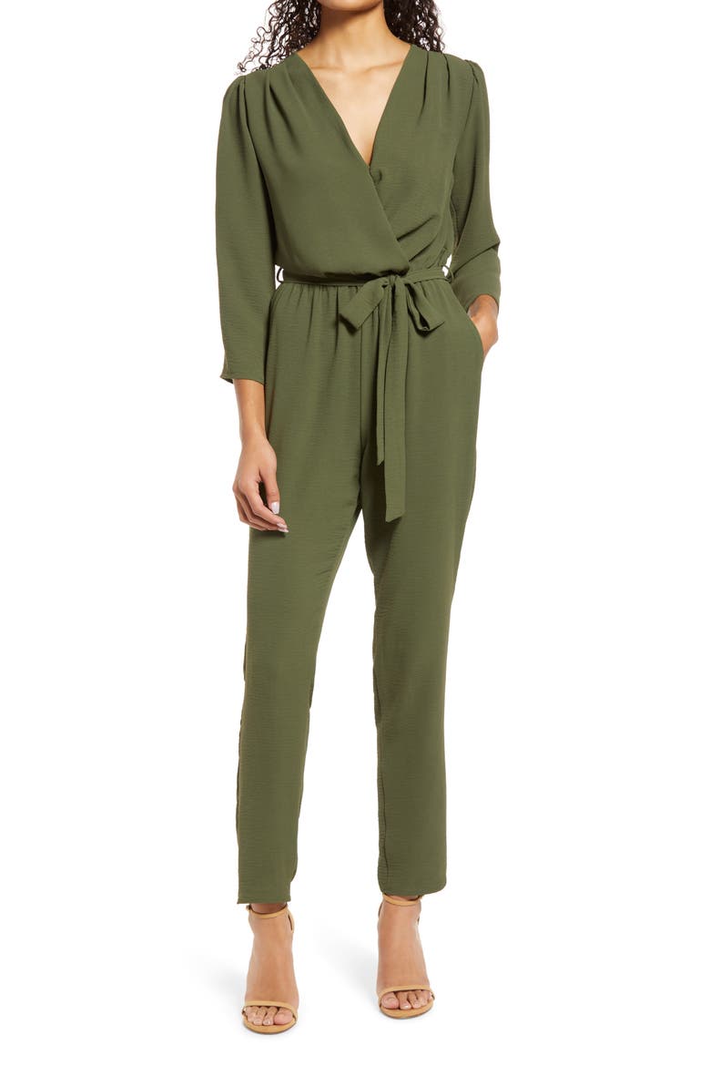 Long Sleeve Belted Jumpsuit, Main, color, OLIVE